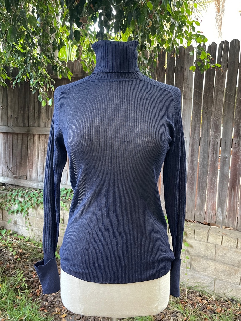 Tory Burch Caleb fitted lightweight ribbed turtleneck navy cuff embroidery fall
